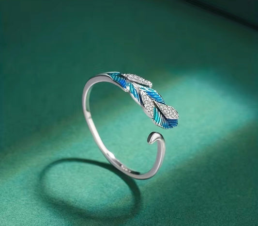 Blue silver feather ring