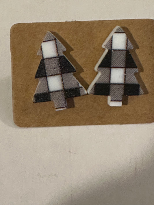 Black and white plaid tree earrings