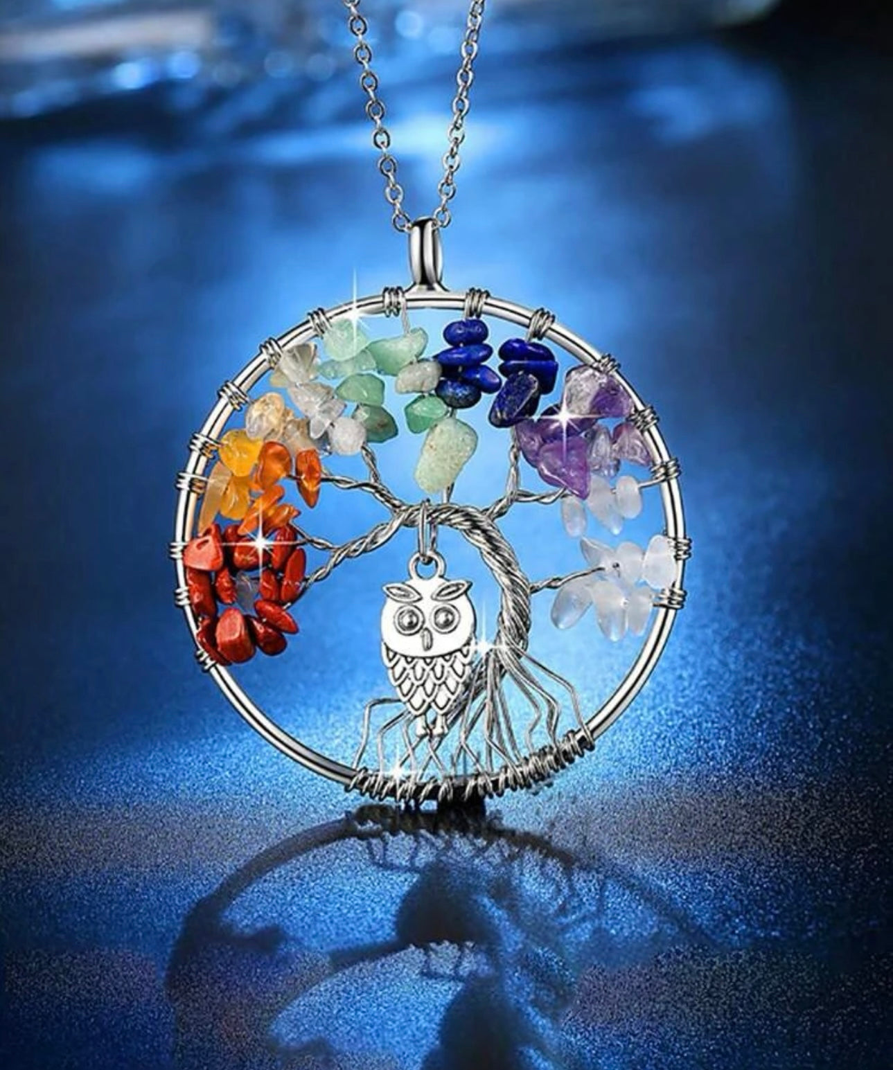 Tree of life seven chakra owl necklace