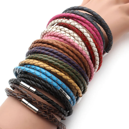 Genuine Braided Leather Bracelet Magnetic Clasp wrap