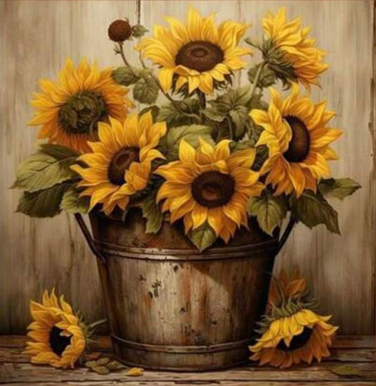 Sunflowers in rustic bucket