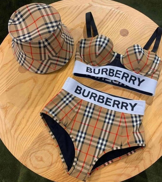 Burberry 2 piece bathing suit and bucket hat