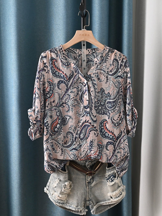 Retro Artsy Ethnic Print Light and Cool Batwing Sleeve Shirt Summer New V-neck Half Sleeve Shirt for Women