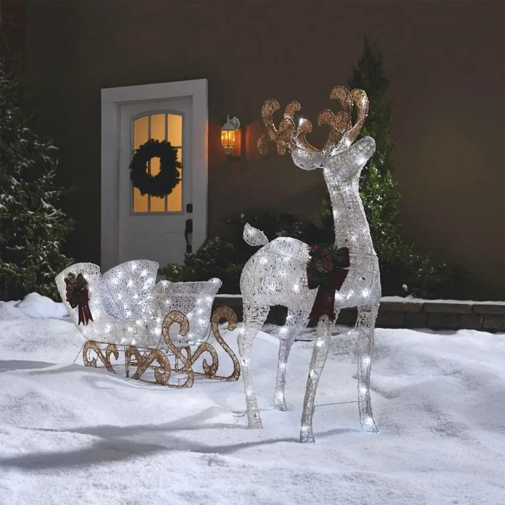 Pre-Lit Metal Reindeer and Sleigh Christmas Decoration with Bright LED Lights, Outdoor Holiday Lawn Decoration,