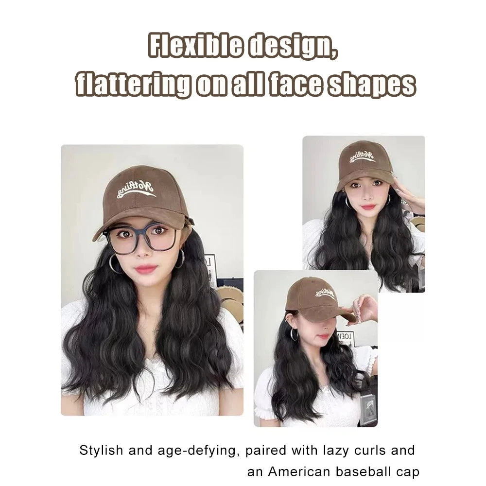 ALXNAN HAIR Synthetic Hat Wig Women's Long Hair Full Head Set Fashion Autumn/Winter Lamb Hair Baseball Hat WavyHair Wig Hat