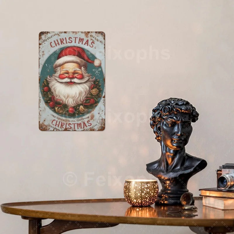 Santa Claus metal sheet painting retro wall decoration Christmas theme plate 30x20 cm