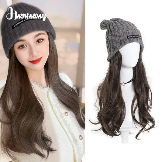 Synthetic Wig Hat Wig Female One Korean Version Of Natural Long Curly Hair Knitted Hat Wig Micro-roll Full Head Cover In Autumn