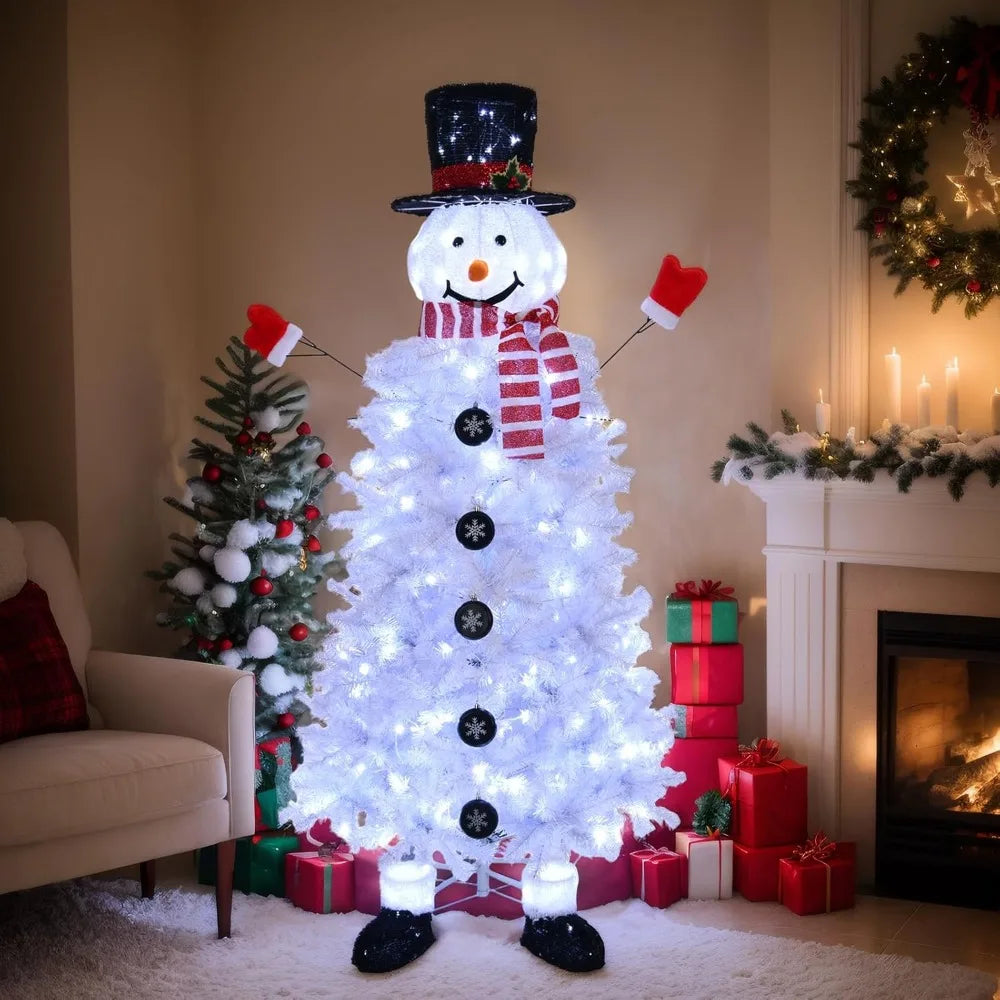 Pre-lit Christmas Tree , Snowman Xmas Tree w/ 220 LED Lights & 708 Tips, Artificial Christmas Tree for Holiday, Party