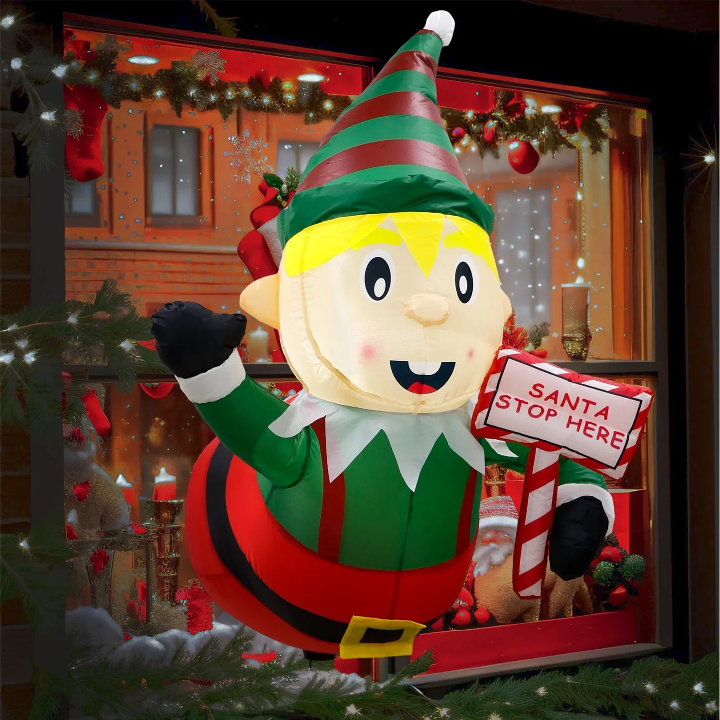 3.5Ft Christmas Elf Inflatable Lean Out from Window Christmas Decorations Outdoor Blow Up Inflatables with LED Lights