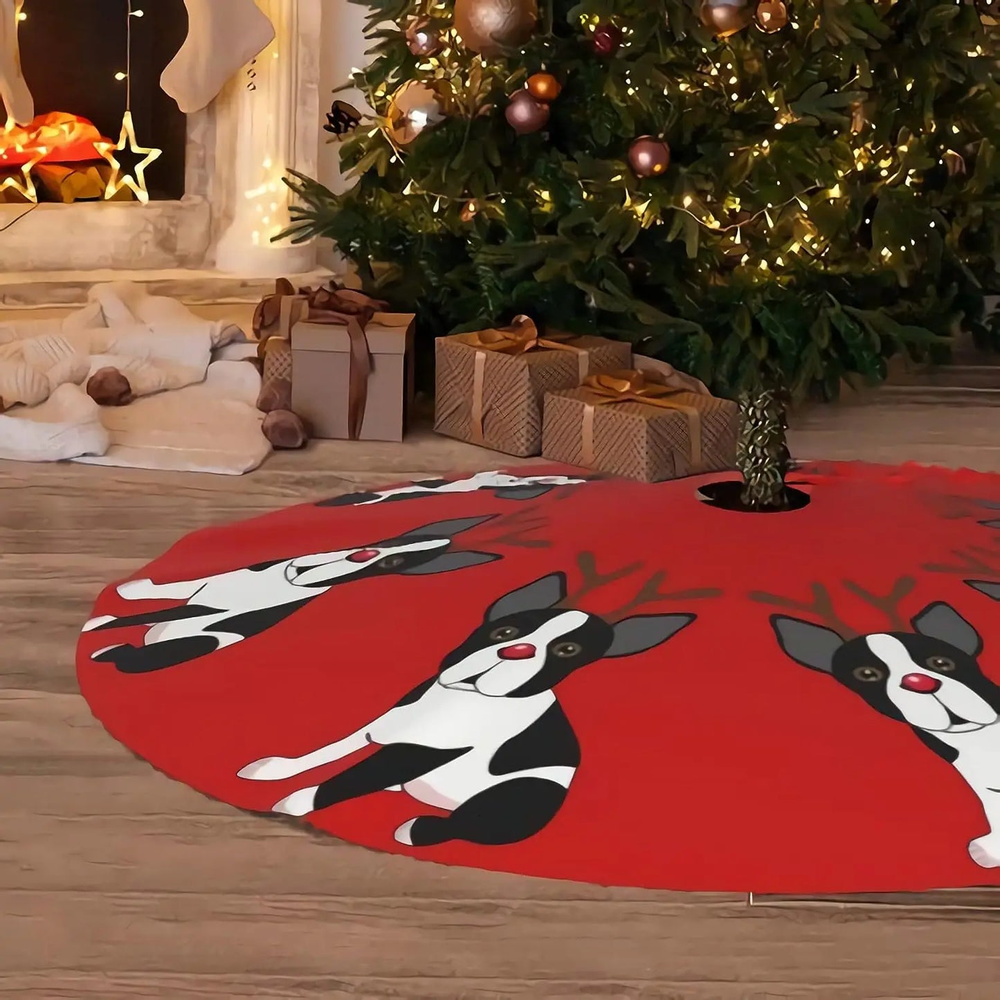 Christmas Tree Skirt Boston Terrier Reindeer Christmas 30 Inch Plush Xmas Tree Skirt Santa Tree Mat Festive Holiday Party