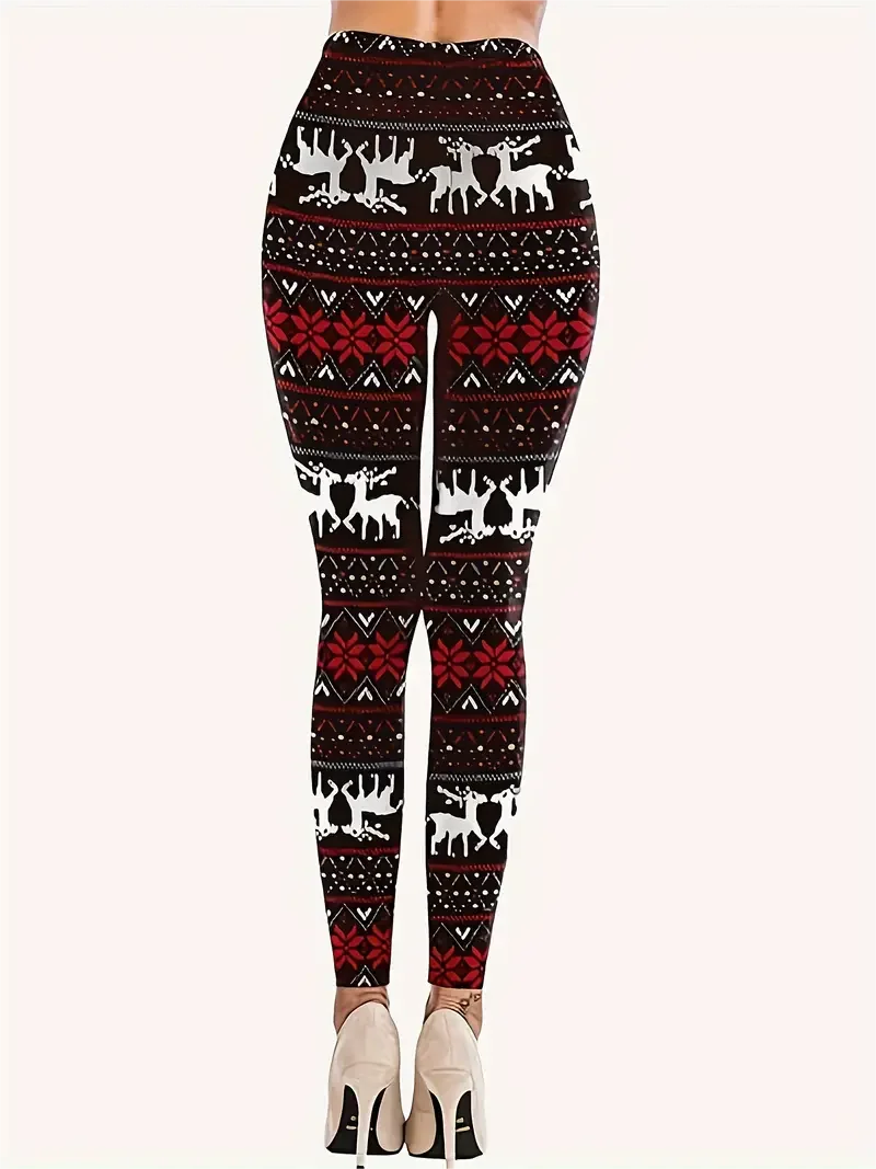 Christmas Elk & Snowflake Print Skinny Leggings  Vintage High Waist Stretchy Leggings Women's Clothing