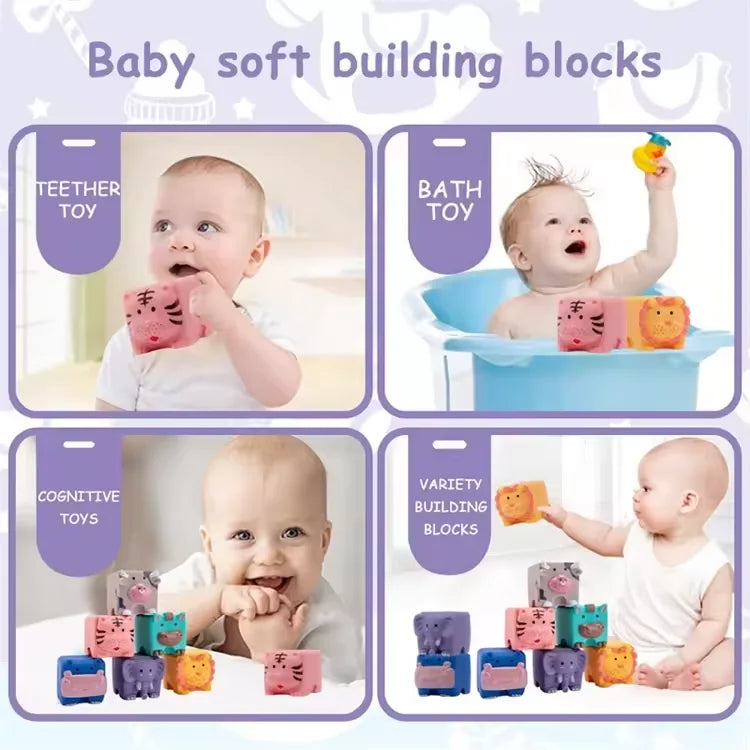 Baby Soft Building Blocks Toys for 6 Months Up Toddlers Bath Toys Baby Early Educational Toys 3D Cube Animal Numbers Toys