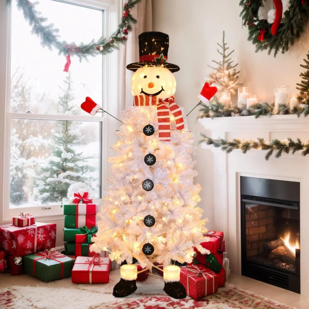 Pre-lit Christmas Tree , Snowman Xmas Tree w/ 220 LED Lights & 708 Tips, Artificial Christmas Tree for Holiday, Party