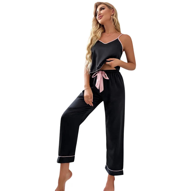 Black Strap Top&Pants Sleep Set WOMEN 2PCS Pajamas Suit Home Clothes V-Neck Sleepwear Intimate Lingerie Summer Satin Pyjamas