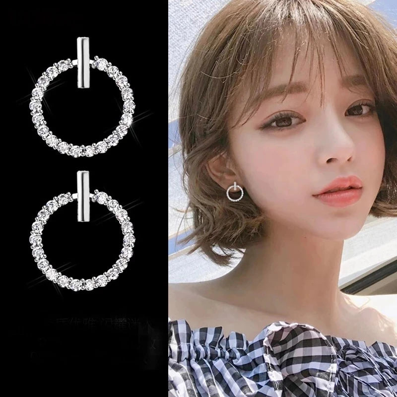 New Delicate Fashion 925 Silver Needle Crystal Rhinestone Geometric Round Stud Earrings for Women