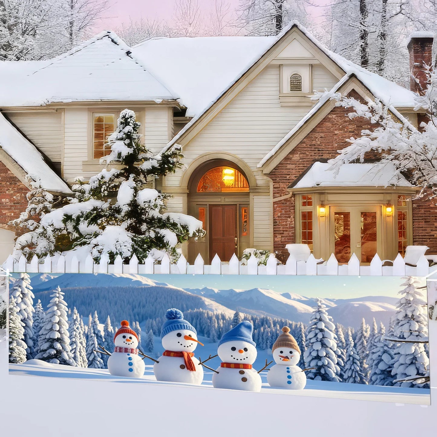 1 Piece (17*78 inches/45*200 cm), Polyester, Q Version Santa Claus Winter Scenery cute Snowman  Merry Christmas Gateway Banner