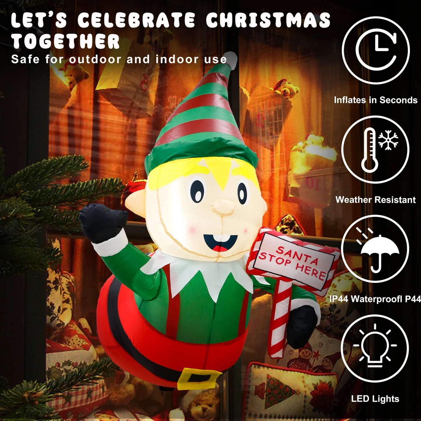 3.5Ft Christmas Elf Inflatable Lean Out from Window Christmas Decorations Outdoor Blow Up Inflatables with LED Lights