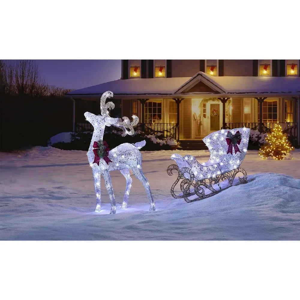 Pre-Lit Metal Reindeer and Sleigh Christmas Decoration with Bright LED Lights, Outdoor Holiday Lawn Decoration,