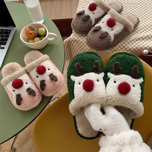 Cartoon Elk Christmas Plush Slippers Anti Slip Durable Winter Indoor Slippers Warm Fluffy Home Slippers Women Student