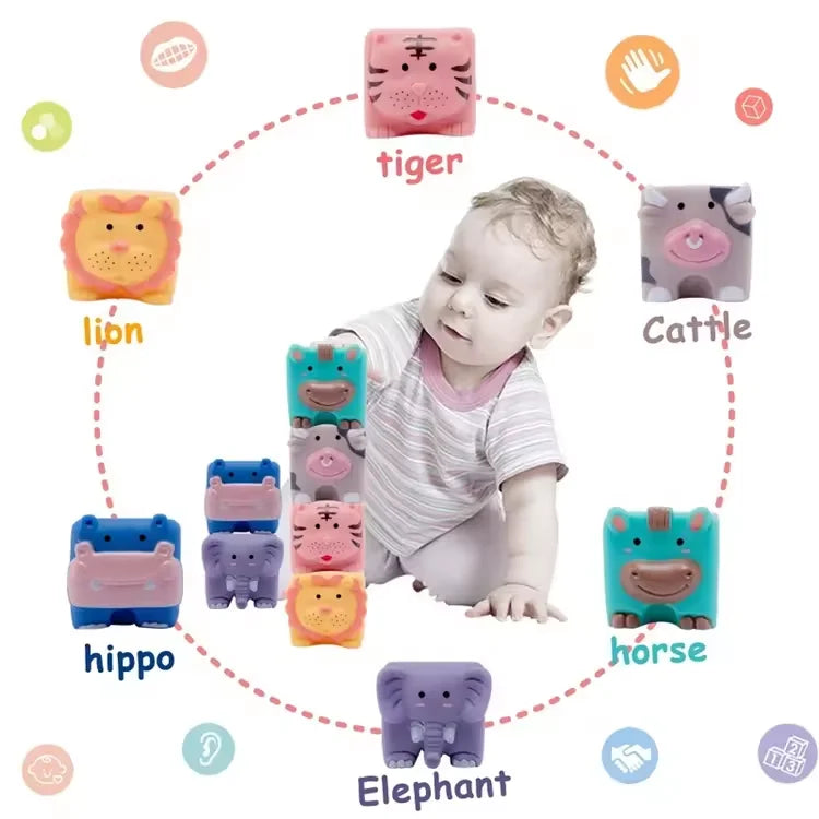 Baby Soft Building Blocks Toys for 6 Months Up Toddlers Bath Toys Baby Early Educational Toys 3D Cube Animal Numbers Toys