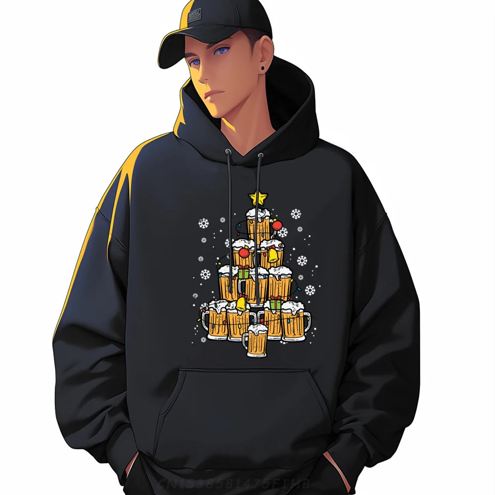 Beer Christmas Tree Xmas Pajamas PJs Brew Dad Hoodies Men 100℅ Polyester Fiber Christmas Shirt Graphic