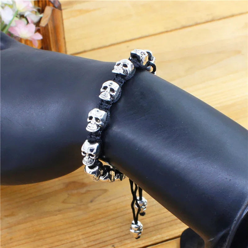 Smile Skull Skeleton Bead Bracelets Strand Vintage Boho Antique Silver Plated Handmade Rope Woven Fashion Jewelry