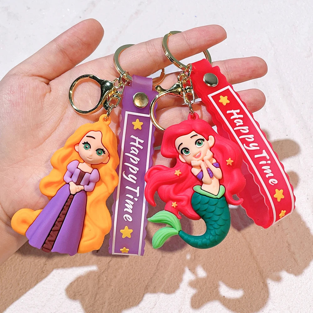 The Little Mermaid Princess Keychain Snow White Elsa Pendant Keychain Car Keyrings Mobile Phone Bag Hanging Jewelry Kids Gifts