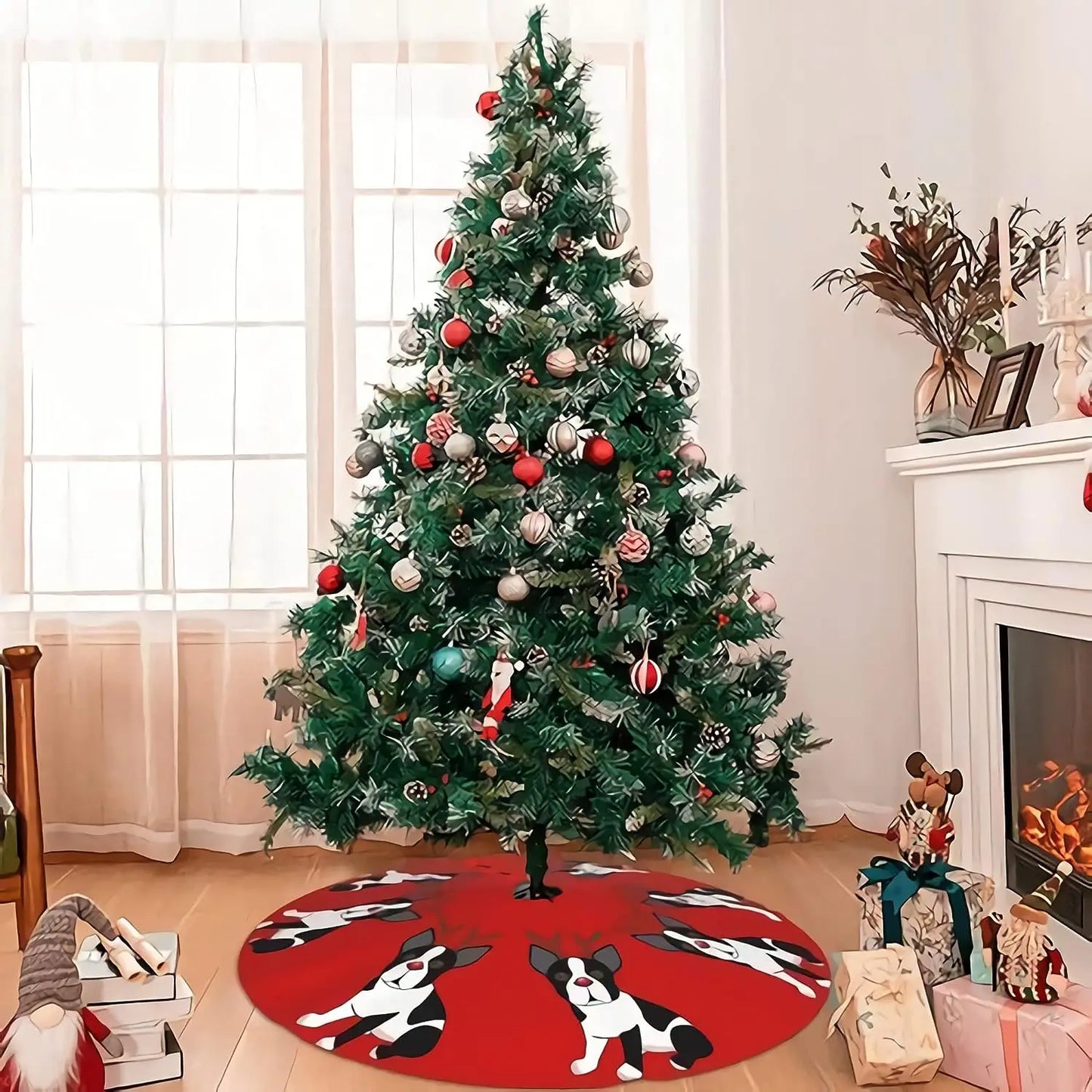 Christmas Tree Skirt Boston Terrier Reindeer Christmas 30 Inch Plush Xmas Tree Skirt Santa Tree Mat Festive Holiday Party