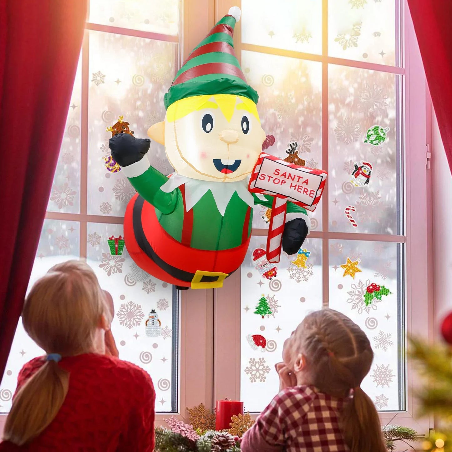 3.5Ft Christmas Elf Inflatable Lean Out from Window Christmas Decorations Outdoor Blow Up Inflatables with LED Lights