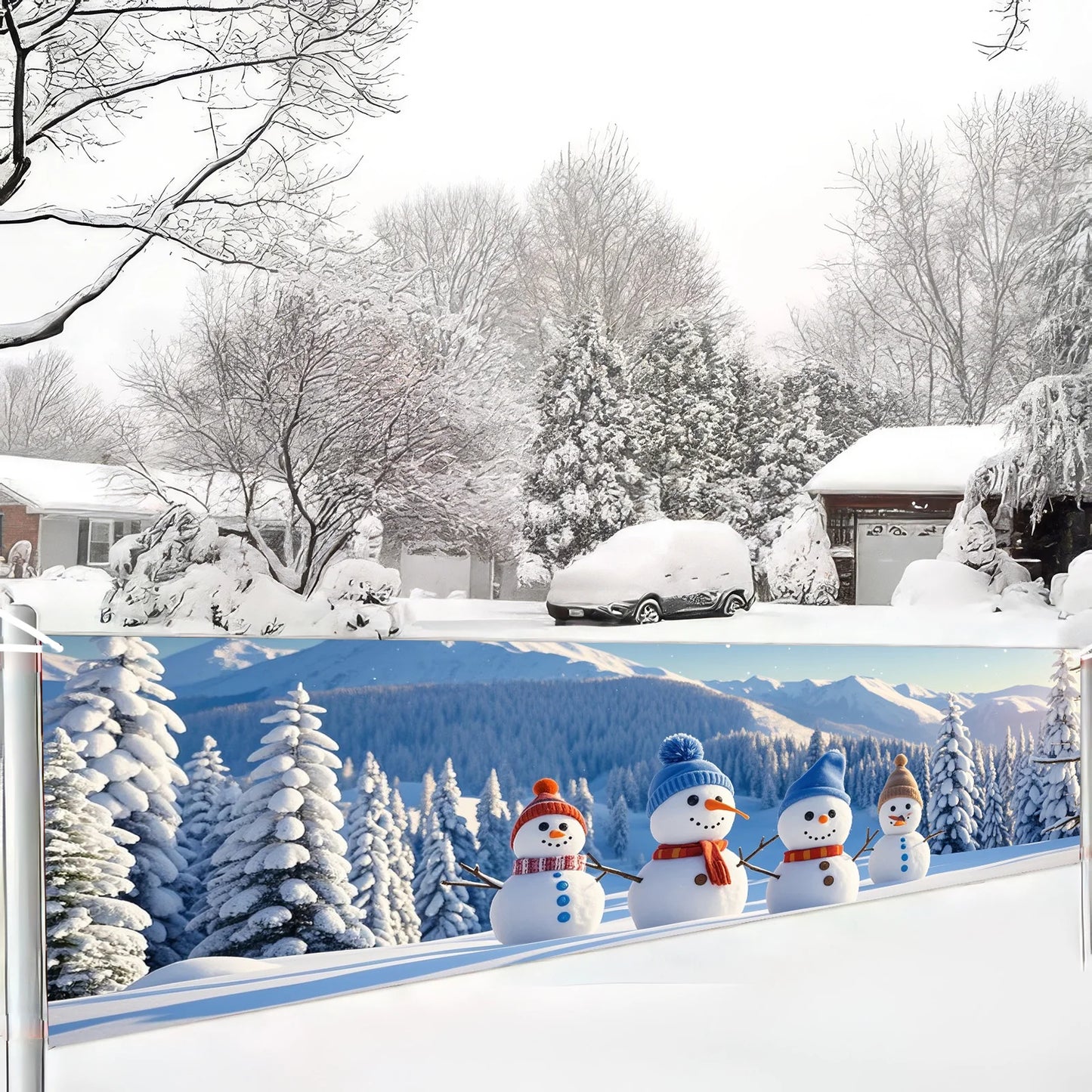 1 Piece (17*78 inches/45*200 cm), Polyester, Q Version Santa Claus Winter Scenery cute Snowman  Merry Christmas Gateway Banner