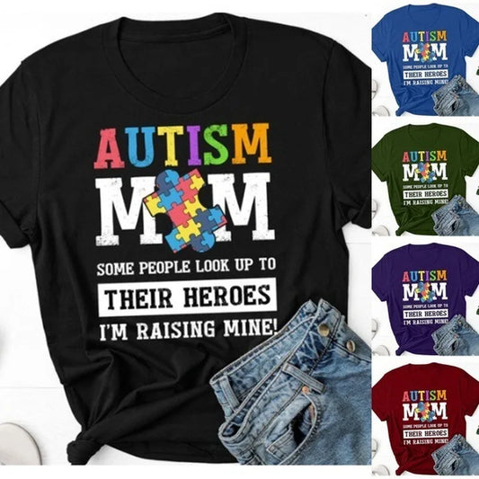 Autism Mom Letter Print T Shirt Women Short Sleeve
