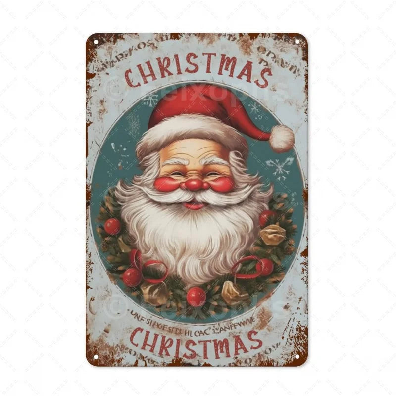 Santa Claus metal sheet painting retro wall decoration Christmas theme plate 30x20 cm