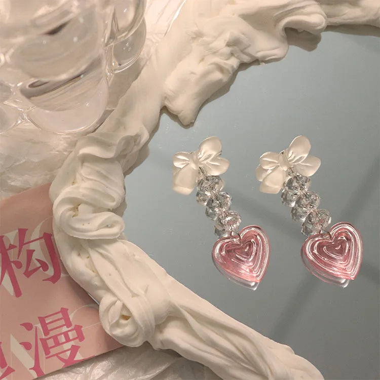 Vintage Pink Y2K Peach Heart Tassel Earrings