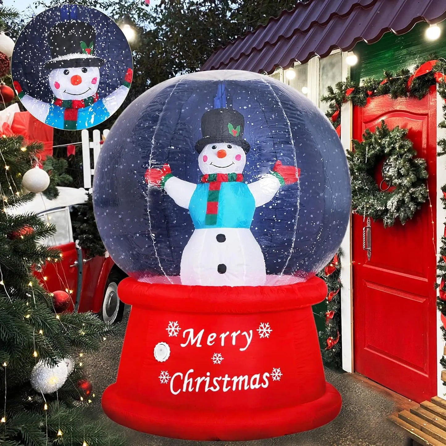 6ft Inflatable Snow Globe with Music Snowman Air Blower Bright LED Light - Holiday Outdo