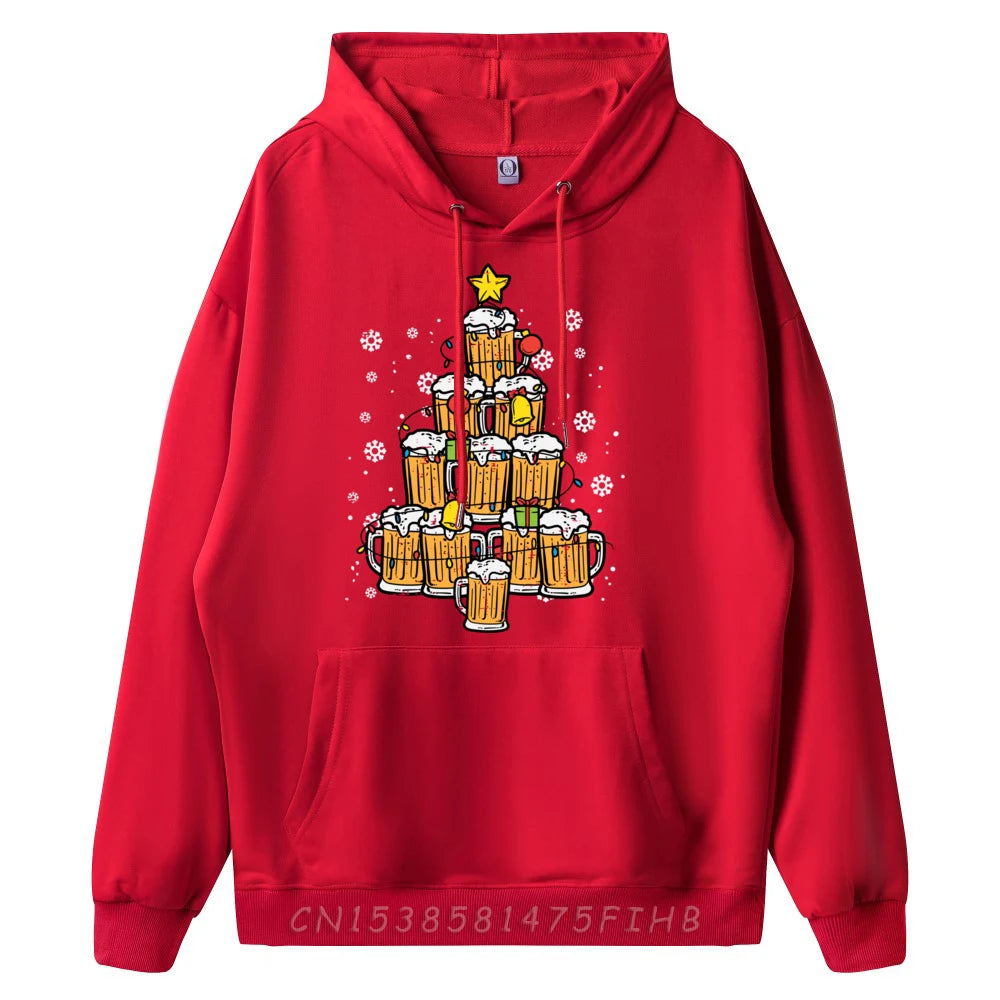 Beer Christmas Tree Xmas Pajamas PJs Brew Dad Hoodies Men 100℅ Polyester Fiber Christmas Shirt Graphic