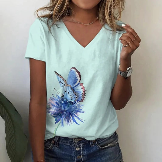 Summer V-Neck T-Shirt 3d Butterfly Print Short-Sleeved Fashion Loose Tops Casual