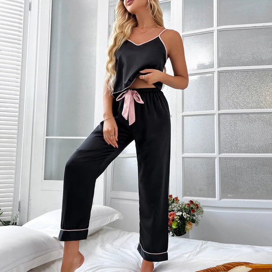 Black Strap Top&Pants Sleep Set WOMEN 2PCS Pajamas Suit Home Clothes V-Neck Sleepwear Intimate Lingerie Summer Satin Pyjamas