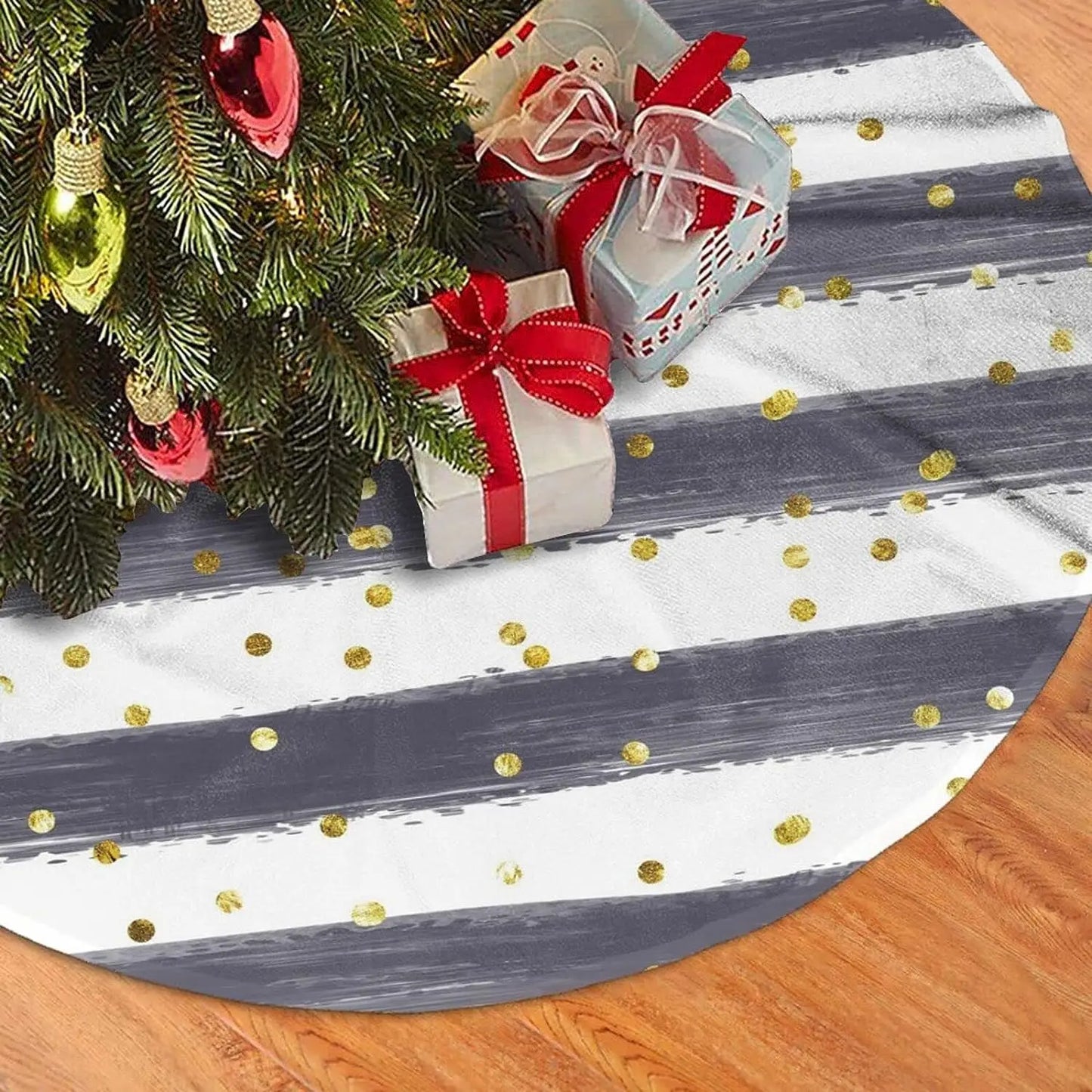 Black & White Stripes with Gold Accents Christmas Decor Plush Tree Skirt, Christmas Party Decorations for Christmas Home