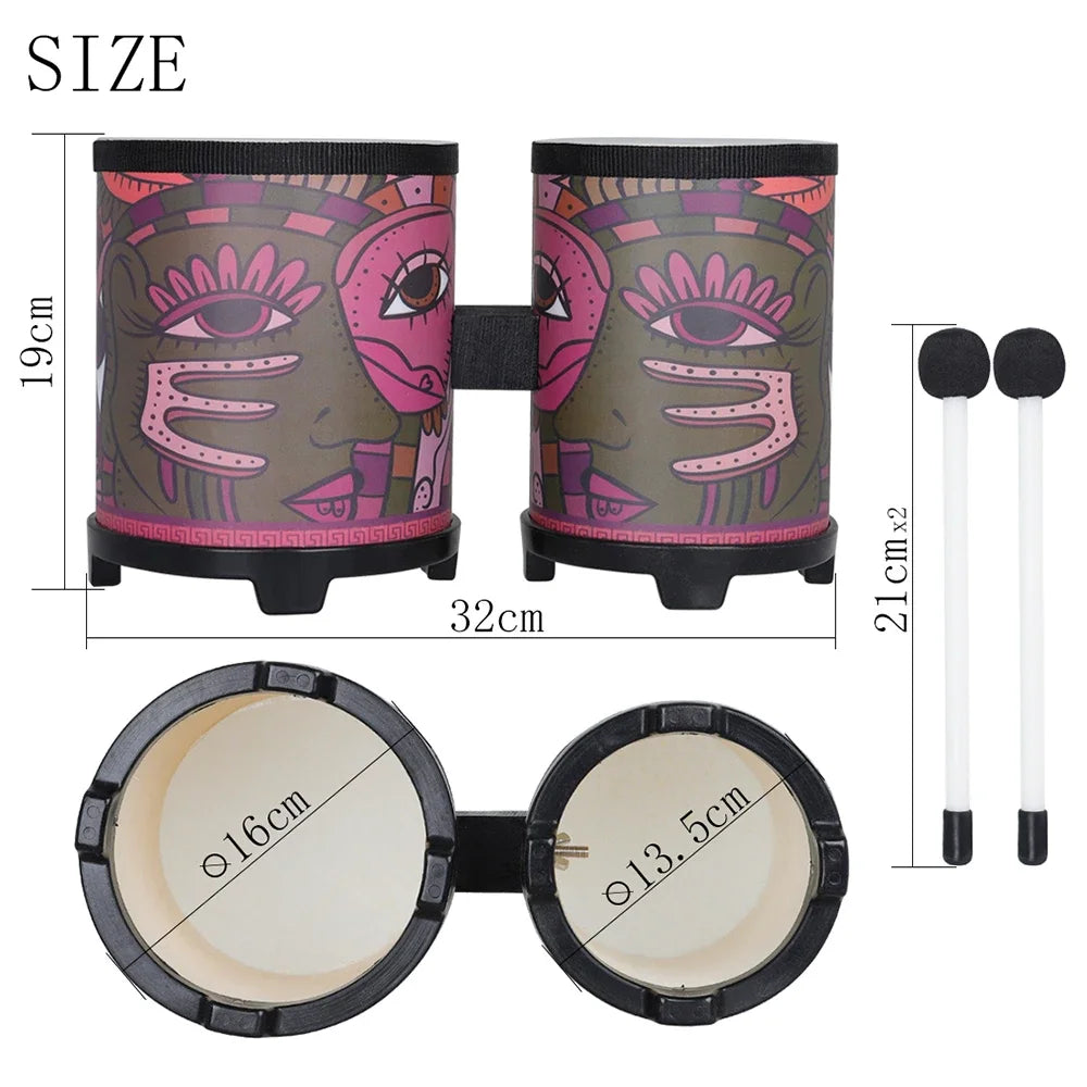 Bongos Drum Percussion Musical Instruments Indian Decal Double Drums  with Drumsticks Kids Early Learning Educational Toys