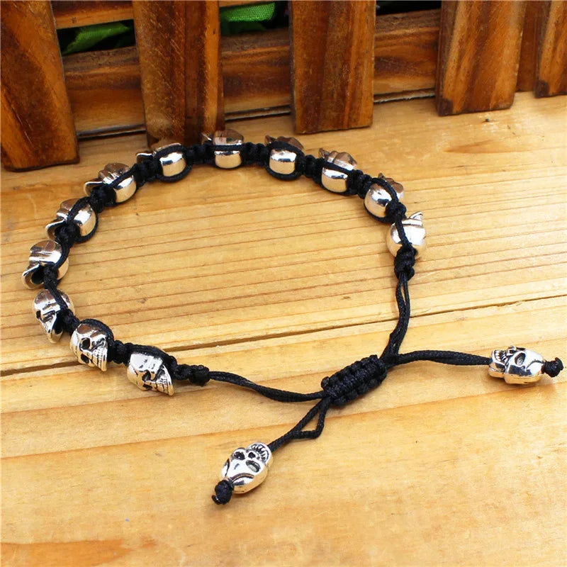 Smile Skull Skeleton Bead Bracelets Strand Vintage Boho Antique Silver Plated Handmade Rope Woven Fashion Jewelry
