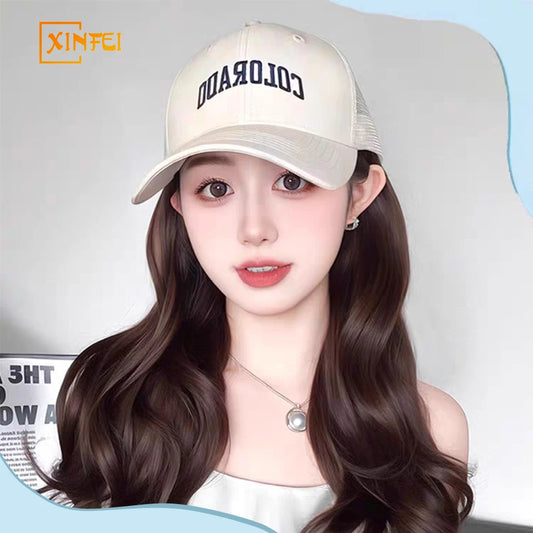 XINFEI Wig for Women Wave Baseball Cap Wig with Curly Hair Extensions Wig Synthetic Wave Wig Hat Adjustable Brown