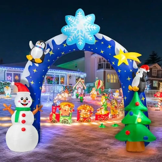 9FT x 10FT Snowman Penguin Christmas Tree Inflatable Archway Outdoor Xmas Decor with LED Lights Stakes Ropes Winter Holiday