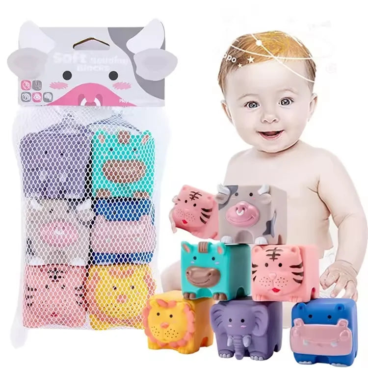 Baby Soft Building Blocks Toys for 6 Months Up Toddlers Bath Toys Baby Early Educational Toys 3D Cube Animal Numbers Toys