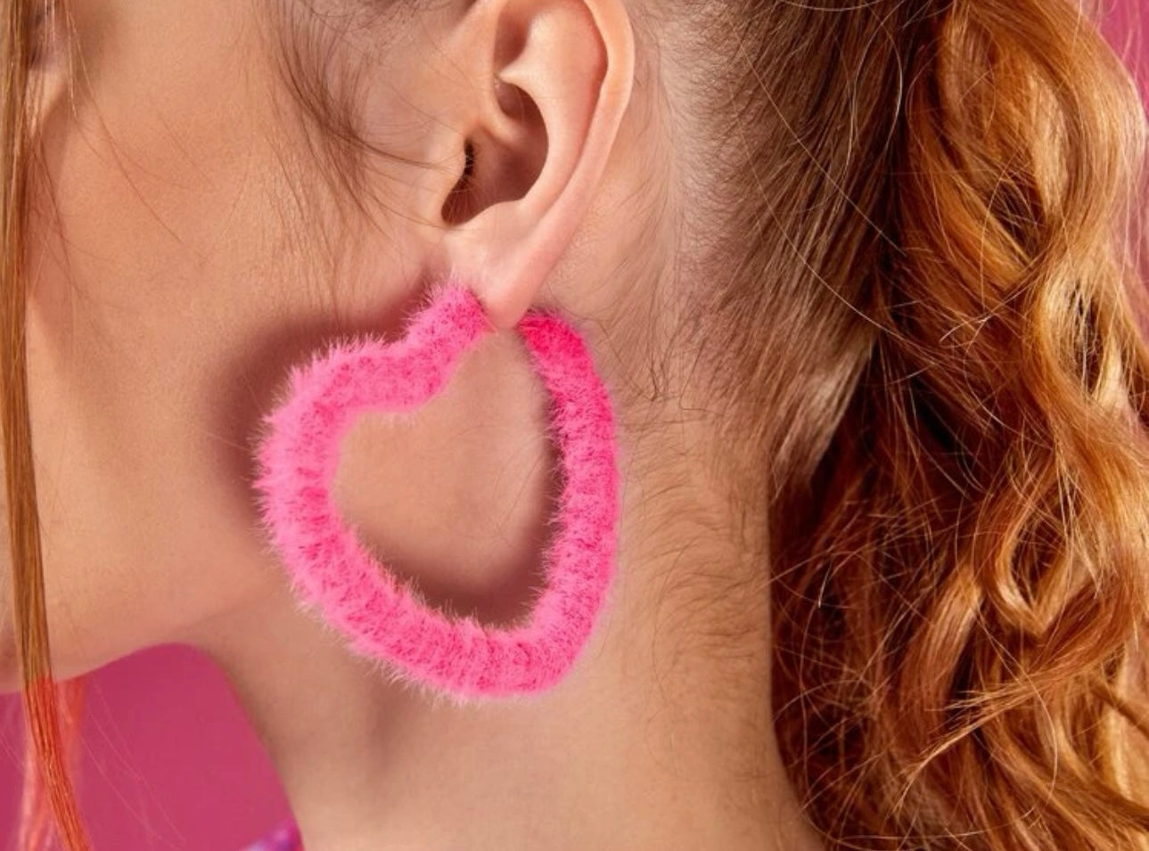 Pink fuzzy heart hoops