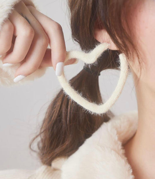 Off white fuzzy heart hoops