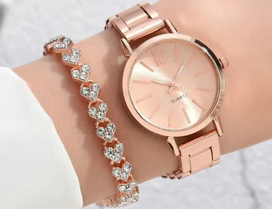 Rose gold watch with matching heart bracelet