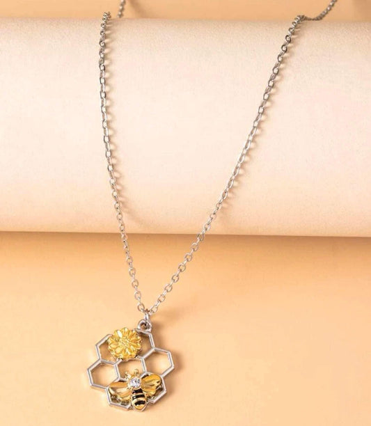 Bee honey comb silver necklace